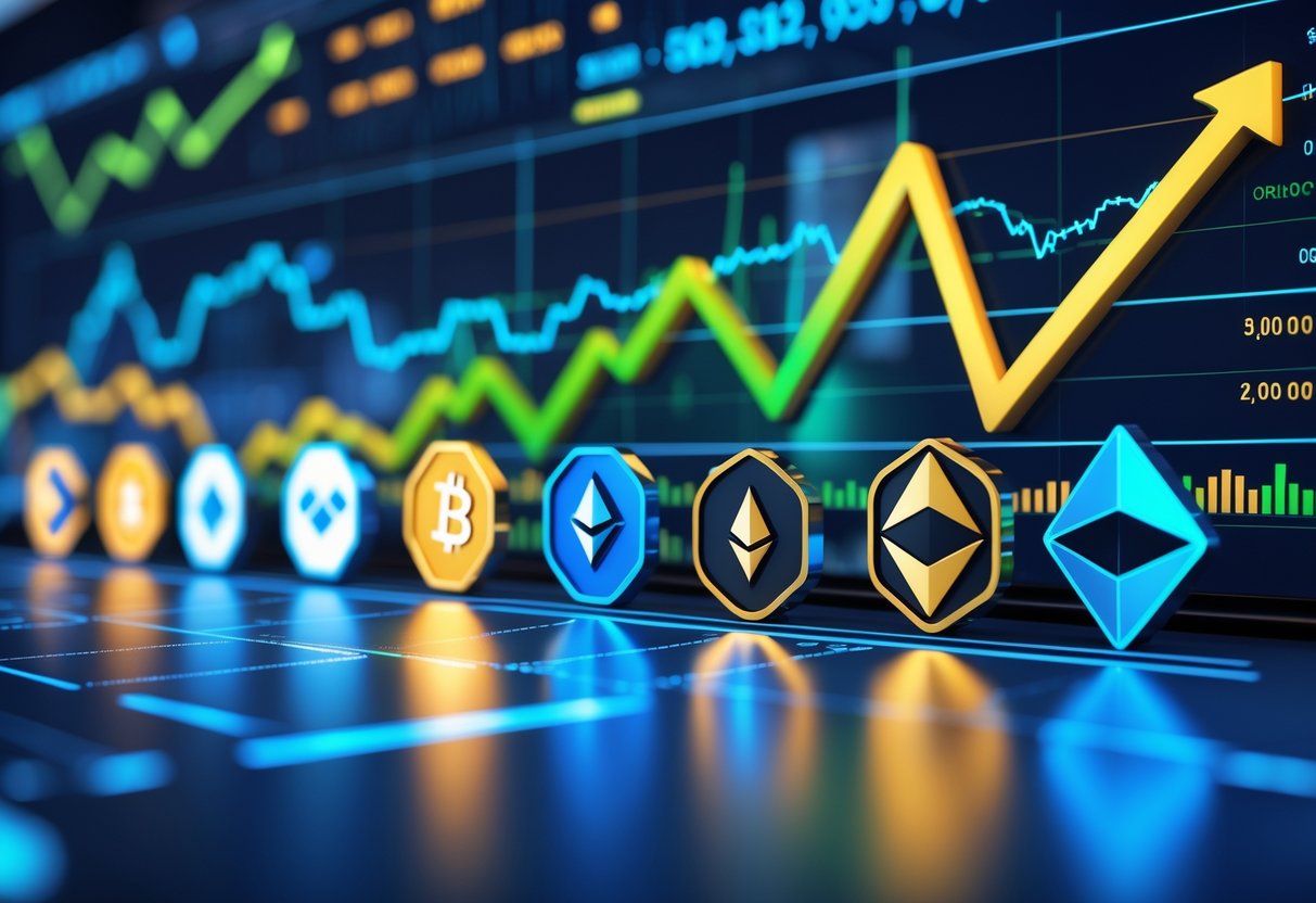 A futuristic financial scene showing glowing 3D icons of various altcoins with upward trending charts and graphs in a modern trading environment.