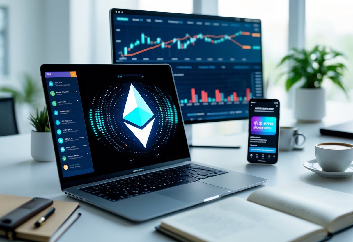 A modern workspace with a laptop displaying the Ethereum logo, financial charts on a monitor, a smartphone with a news app, a coffee cup, and a notebook on a desk.