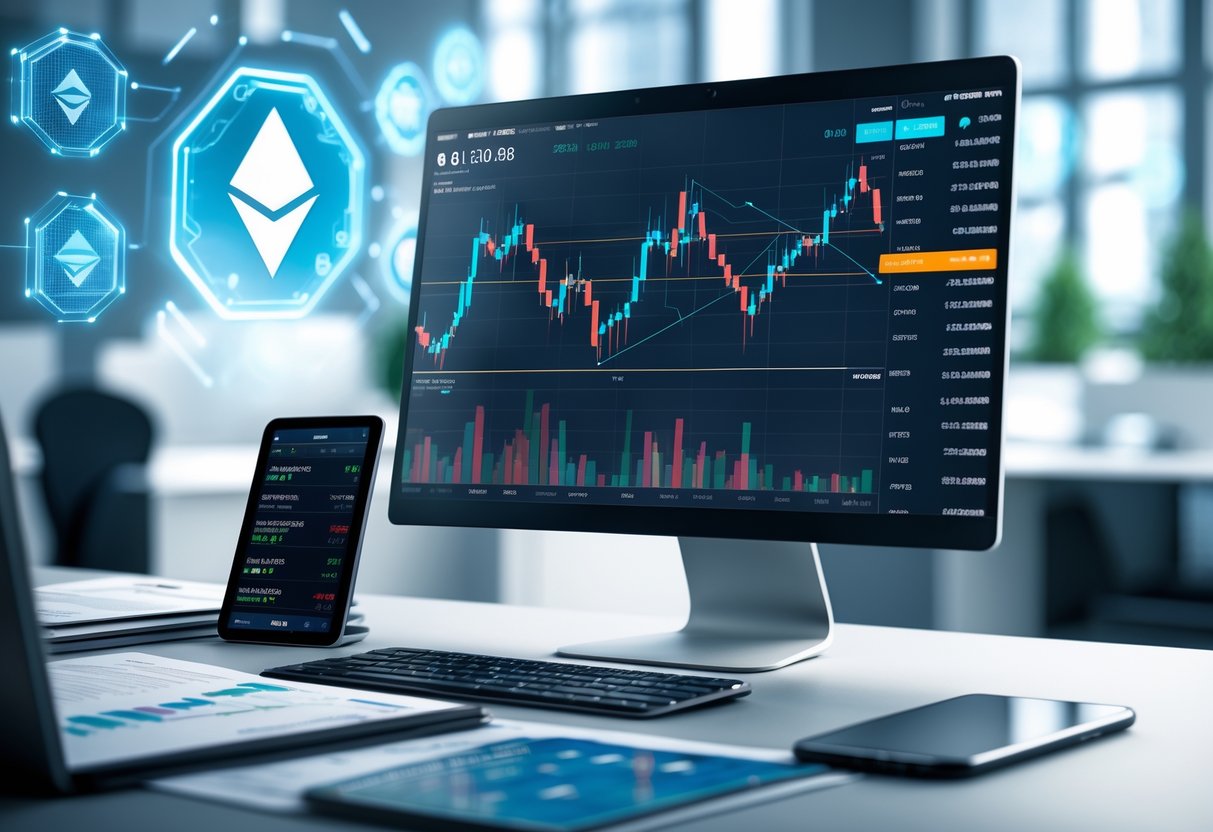 A modern workspace with a computer showing cryptocurrency charts, a tablet with news updates, and a smartphone with market alerts.