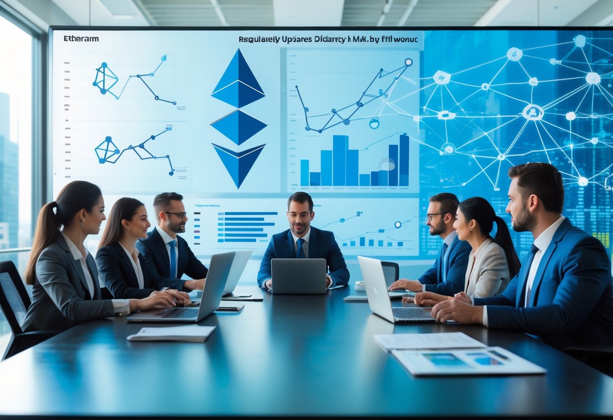 A group of business professionals in a meeting room discussing Ethereum-related charts and blockchain data on digital screens and devices.