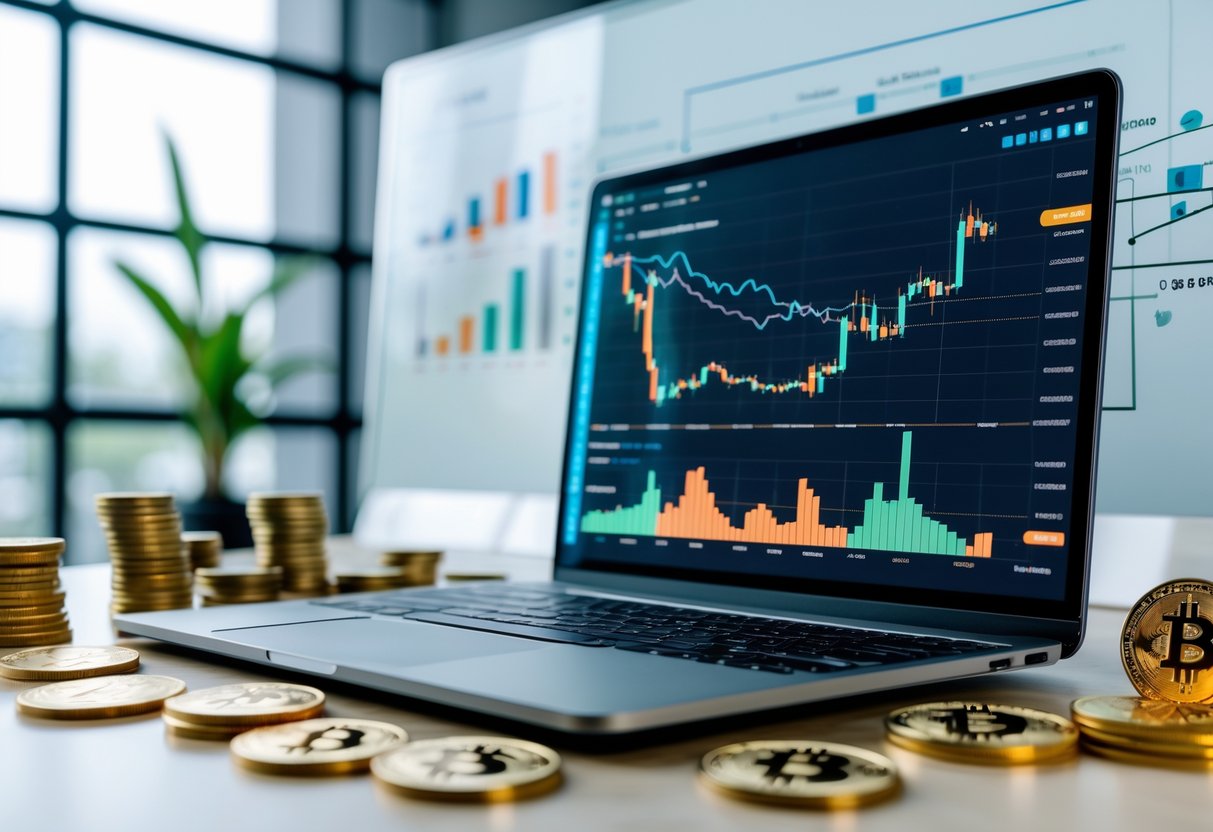 A modern workspace with a laptop showing cryptocurrency charts and physical crypto coins nearby, symbolizing crypto passive income.