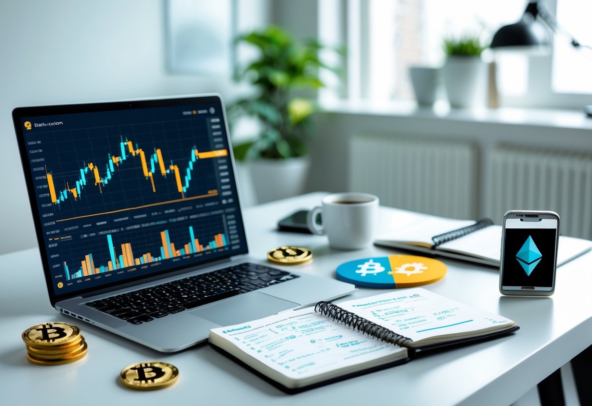 A modern workspace with a laptop showing cryptocurrency charts, a smartphone with a crypto wallet app, cryptocurrency coins on the desk, and a notebook with notes.
