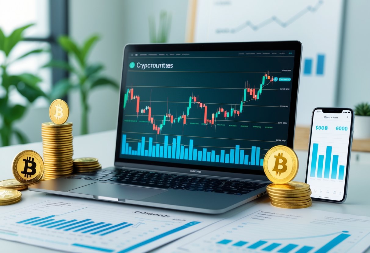 A modern workspace with a laptop showing digital crypto graphs, stacked cryptocurrency coins, a smartphone with a crypto wallet app, and financial documents on a bright office desk.