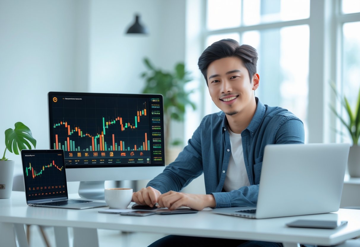 A person sitting at a desk with a laptop and smartphone showing cryptocurrency charts in a bright office.