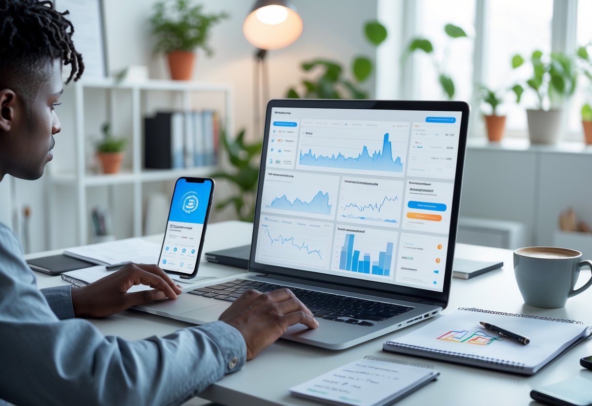 A person working at a desk with a laptop showing cryptocurrency charts in a bright home office.