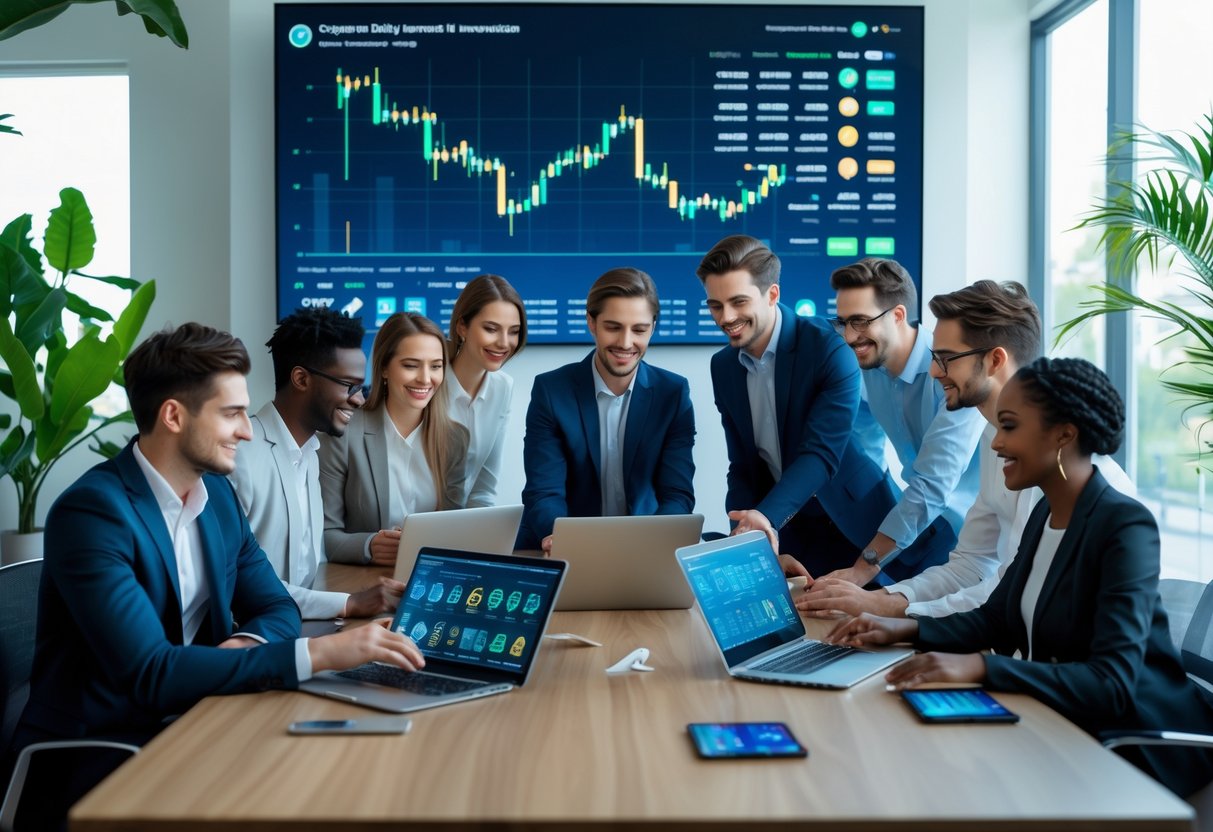 A group of young professionals collaborating around a desk with laptops and smartphones showing cryptocurrency charts and digital wallets in a bright office.