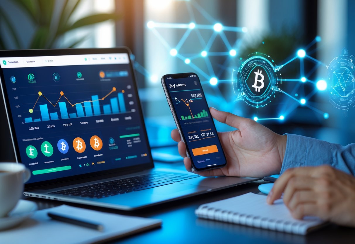 A person using a laptop and smartphone showing cryptocurrency staking interfaces with digital graphs and icons on a modern desk.