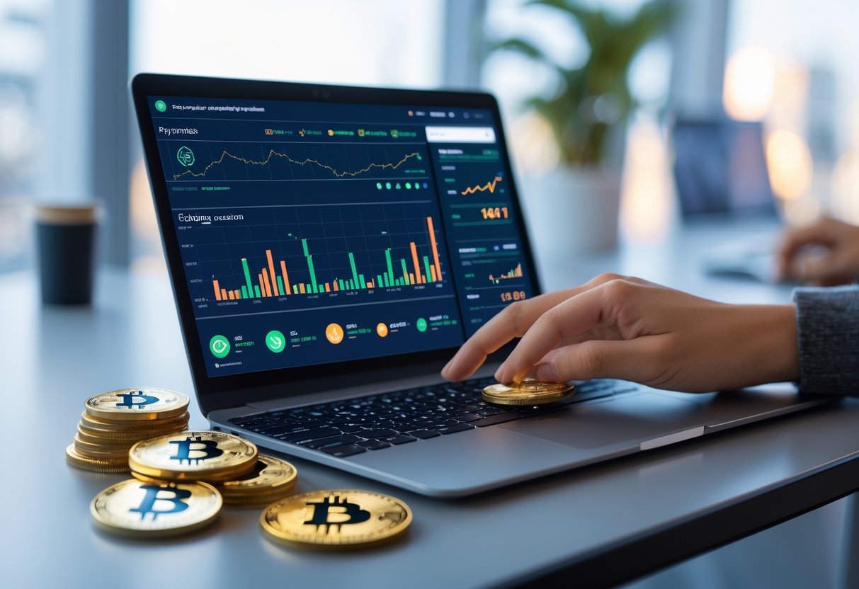 A person interacting with a laptop showing cryptocurrency charts and coins on a desk representing crypto staking.