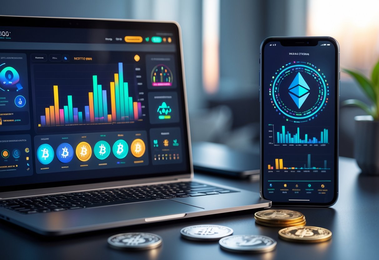 A laptop and smartphone on a desk showing cryptocurrency staking dashboards with digital graphs and crypto coins nearby.