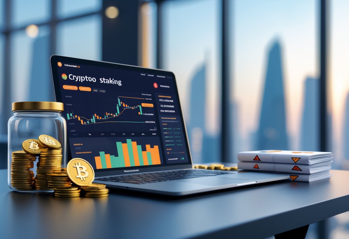 A modern workspace with a laptop showing cryptocurrency charts, physical crypto coins on the desk, a jar filled with coins representing rewards, and documents with warning icons symbolizing risks.