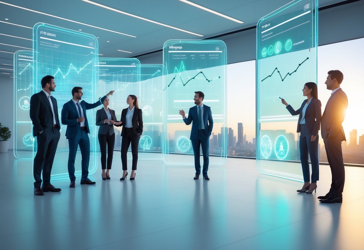 A group of professionals analyzing floating digital financial charts and cryptocurrency data in a modern office with a city view at sunrise.