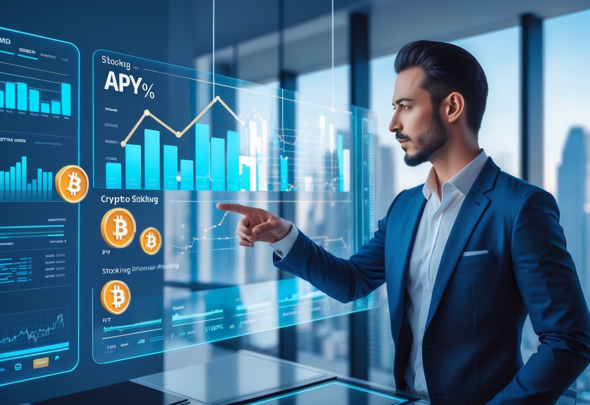A business professional interacting with holographic cryptocurrency charts and symbols in a modern office with a futuristic city skyline visible through large windows.