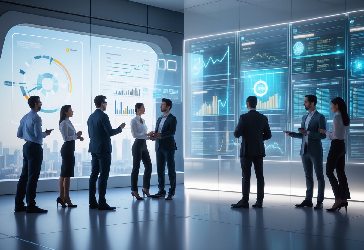 A group of professionals analyzing futuristic digital financial data on transparent holographic screens in a modern office.