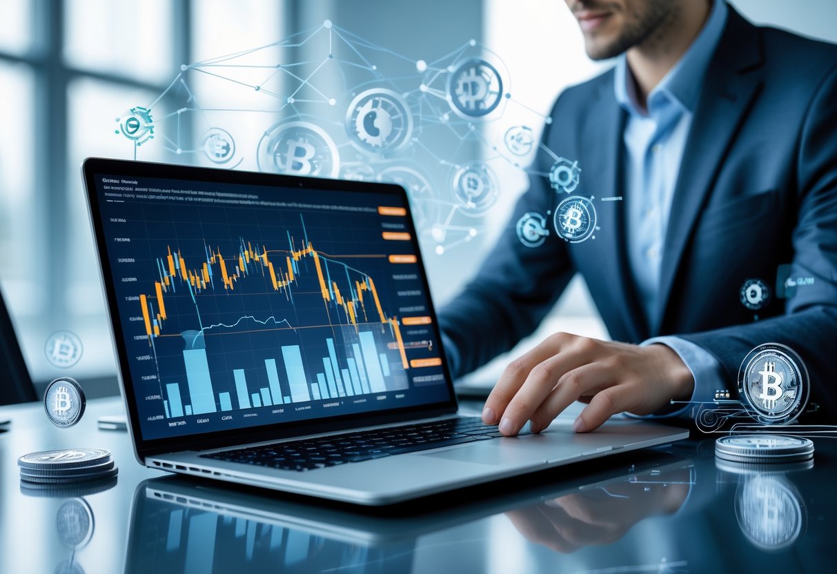 A business professional analyzing financial charts on a laptop in a modern office with digital cryptocurrency symbols floating around.