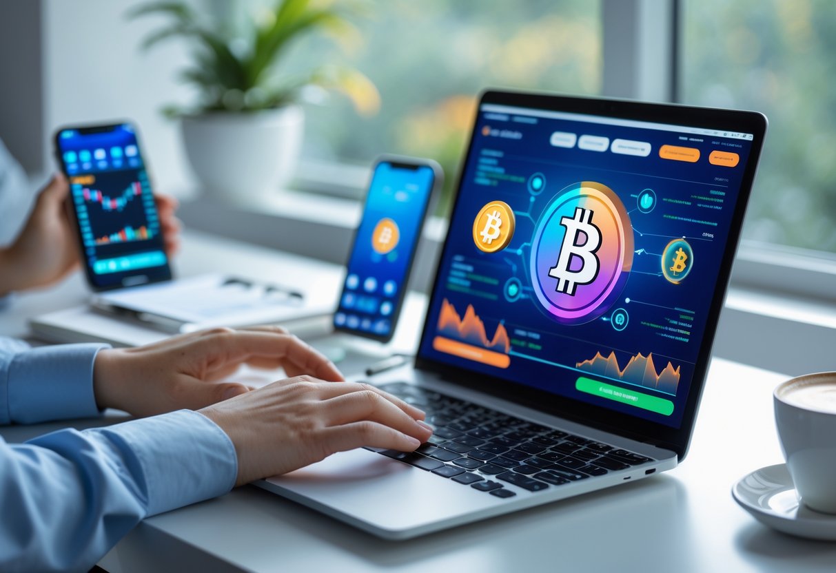 A person using a laptop displaying cryptocurrency icons and charts on a clean desk with a smartphone and coffee cup nearby.