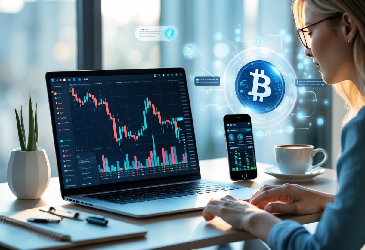 A modern workspace with a laptop showing cryptocurrency charts, a smartphone with transaction notifications, and a clean desk with a notebook and coffee cup.