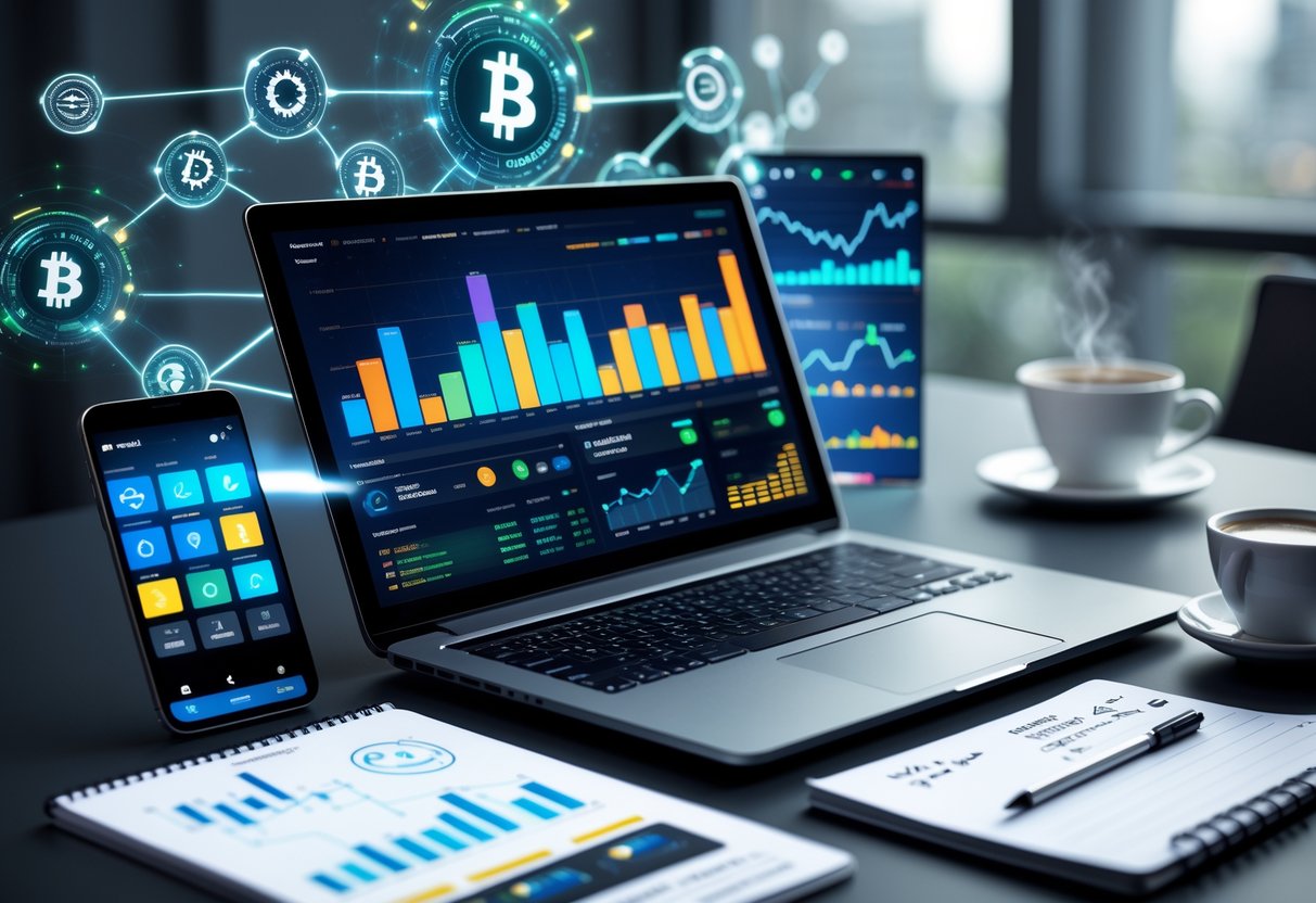 A workspace with a laptop showing cryptocurrency charts and a smartphone displaying a crypto wallet app on a clean desk.