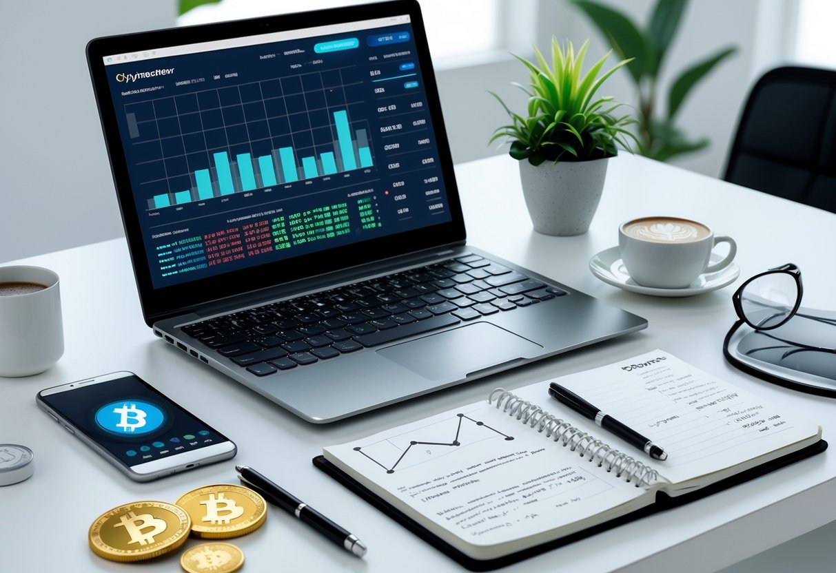 A modern workspace with a laptop showing cryptocurrency charts, a smartphone with a crypto wallet app, cryptocurrency coins on the desk, and office items like a notebook, coffee cup, glasses, and a plant.