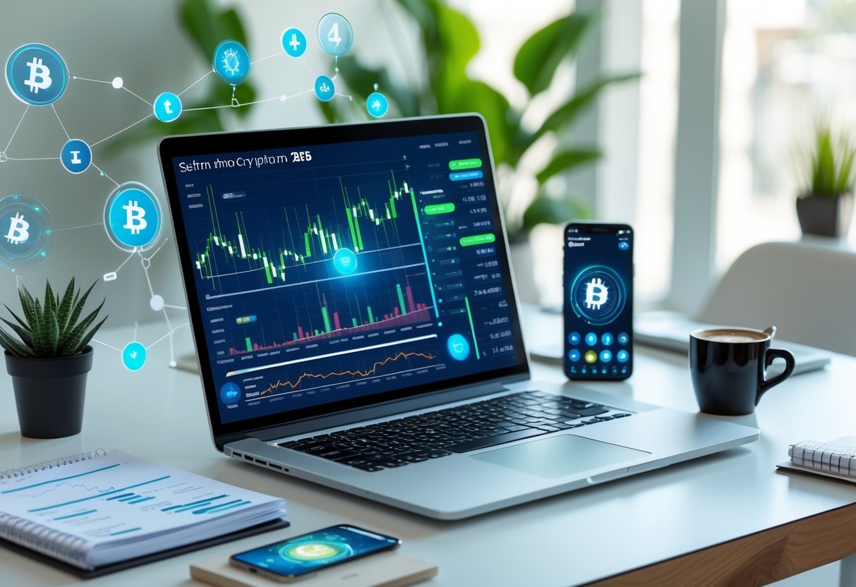 A workspace with a laptop showing cryptocurrency charts, a smartphone with a crypto wallet app, and a notebook on a desk in a bright office.