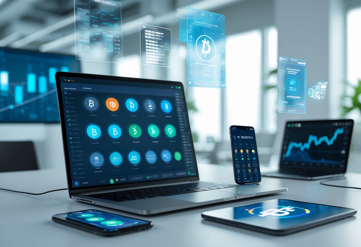 A modern workspace with a laptop and smartphone displaying cryptocurrency icons and charts, surrounded by digital elements representing crypto platforms.