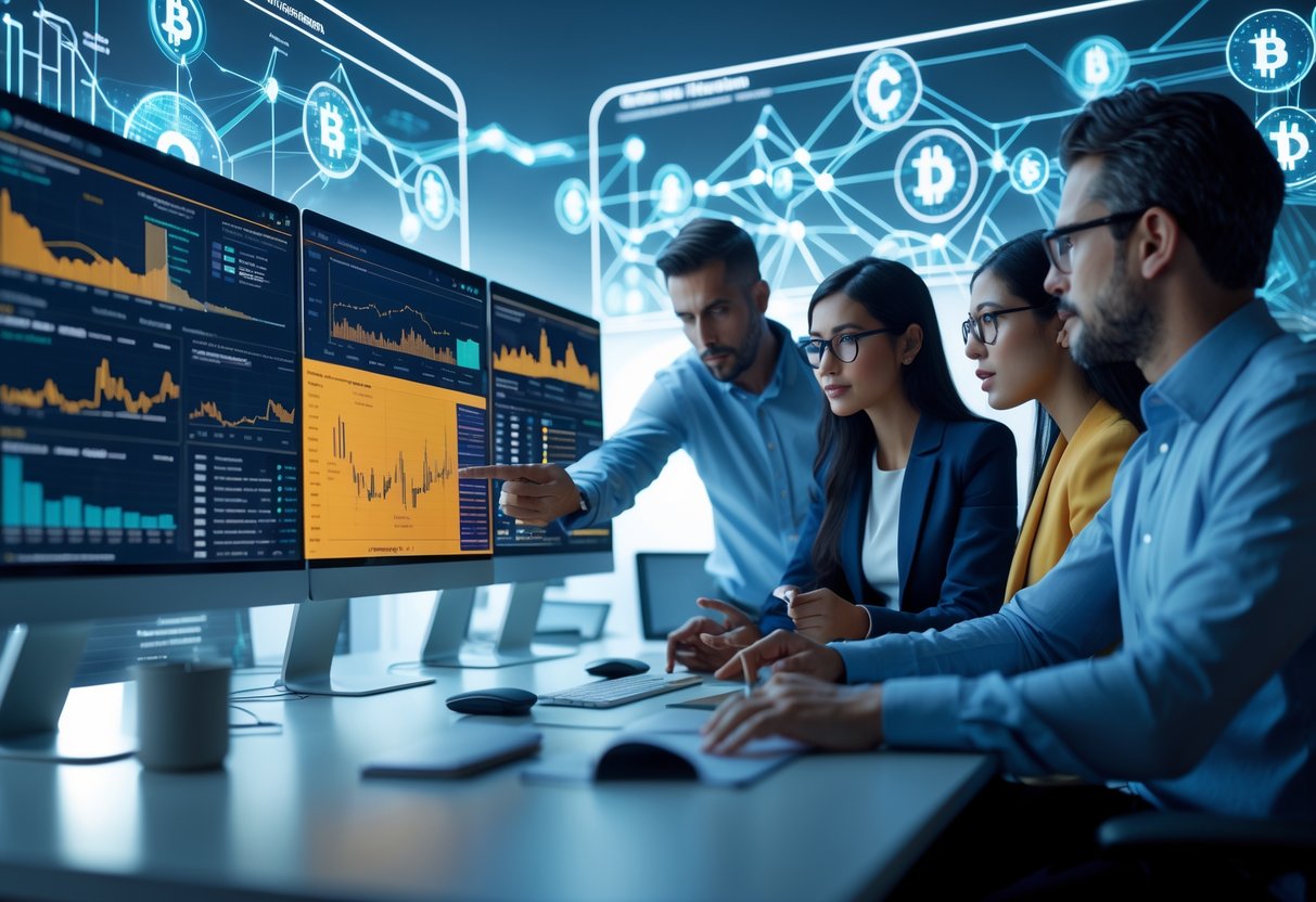 A group of professionals working together at a desk with multiple monitors showing cryptocurrency charts and blockchain visuals.