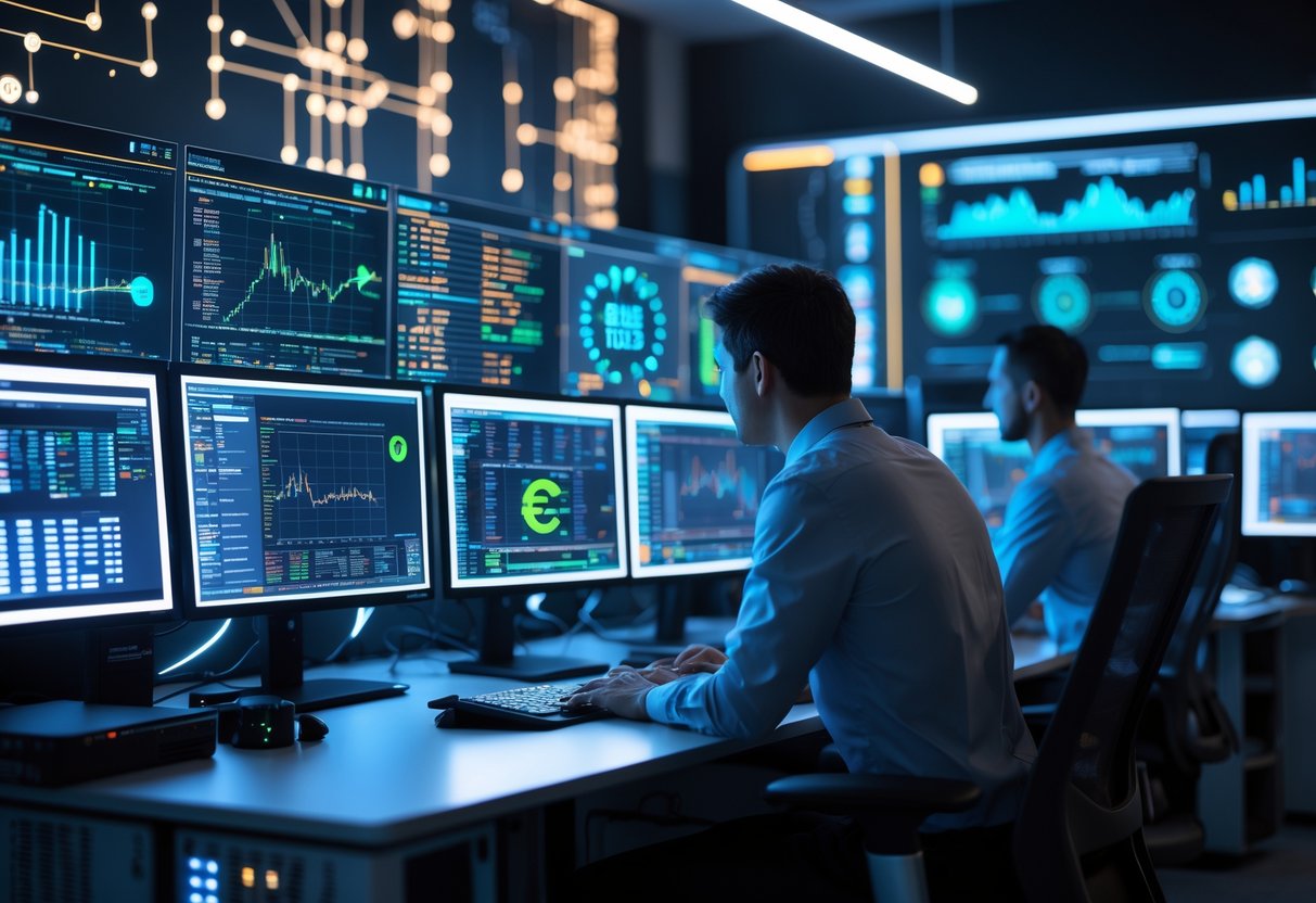A person monitoring cryptocurrency mining equipment and digital screens showing blockchain data in a modern indoor workspace.