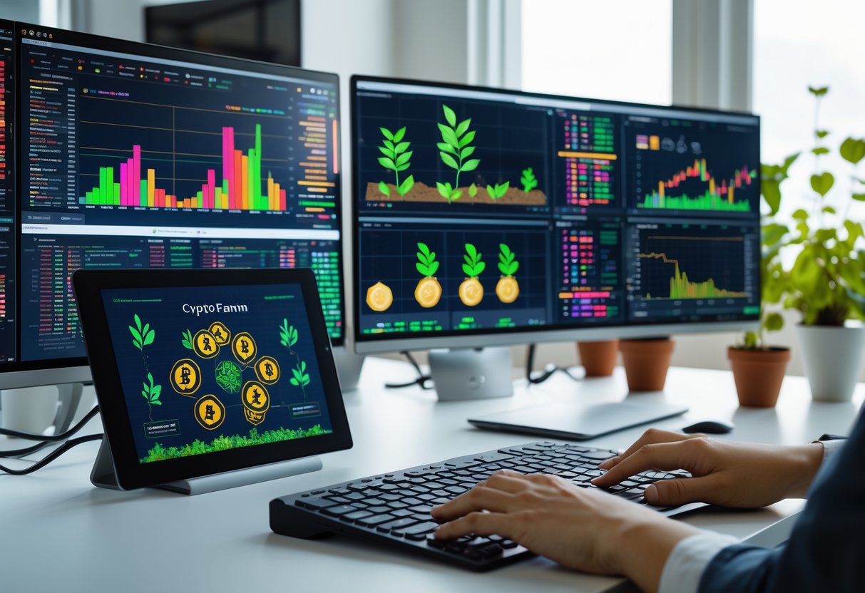 A person working at a desk with multiple screens showing cryptocurrency charts and digital farming icons, surrounded by small plants and natural light.