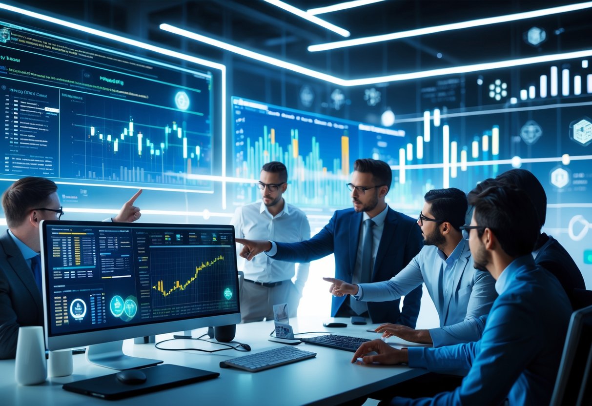 A group of professionals analyzing cryptocurrency data on multiple computer screens in a modern workspace with digital graphs and blockchain symbols.
