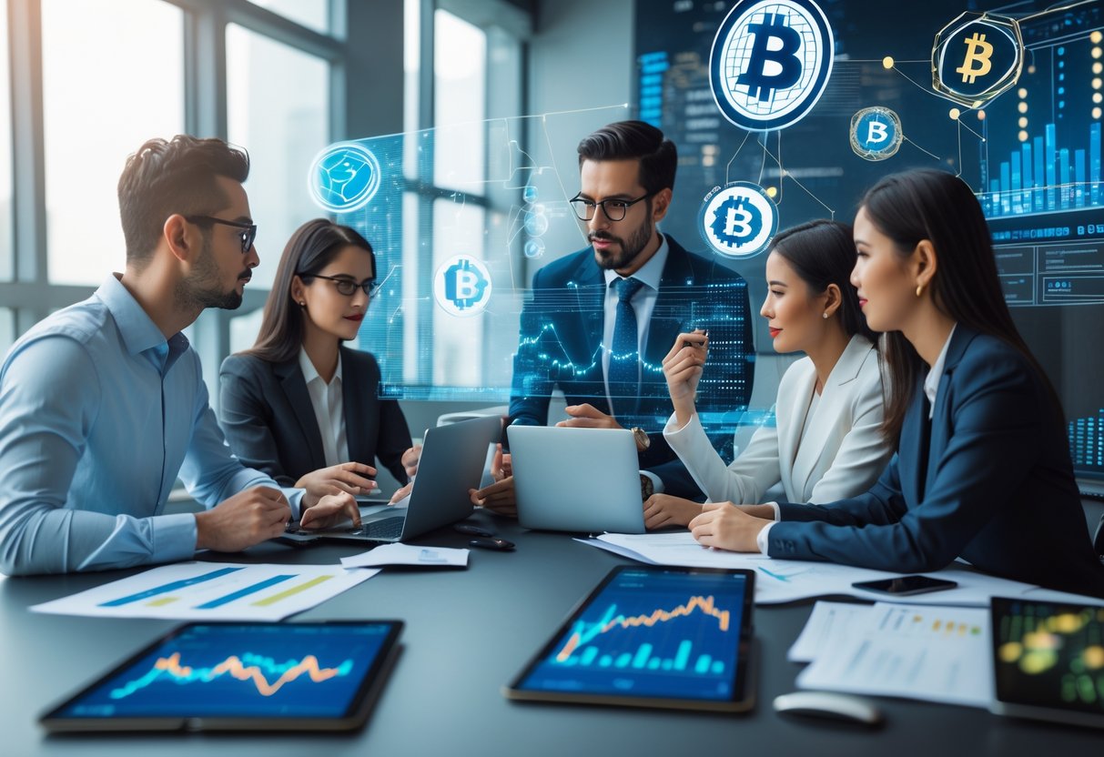 A group of professionals analyzing cryptocurrency charts and data on digital devices around a desk, with abstract blockchain and digital farming visuals in the background.