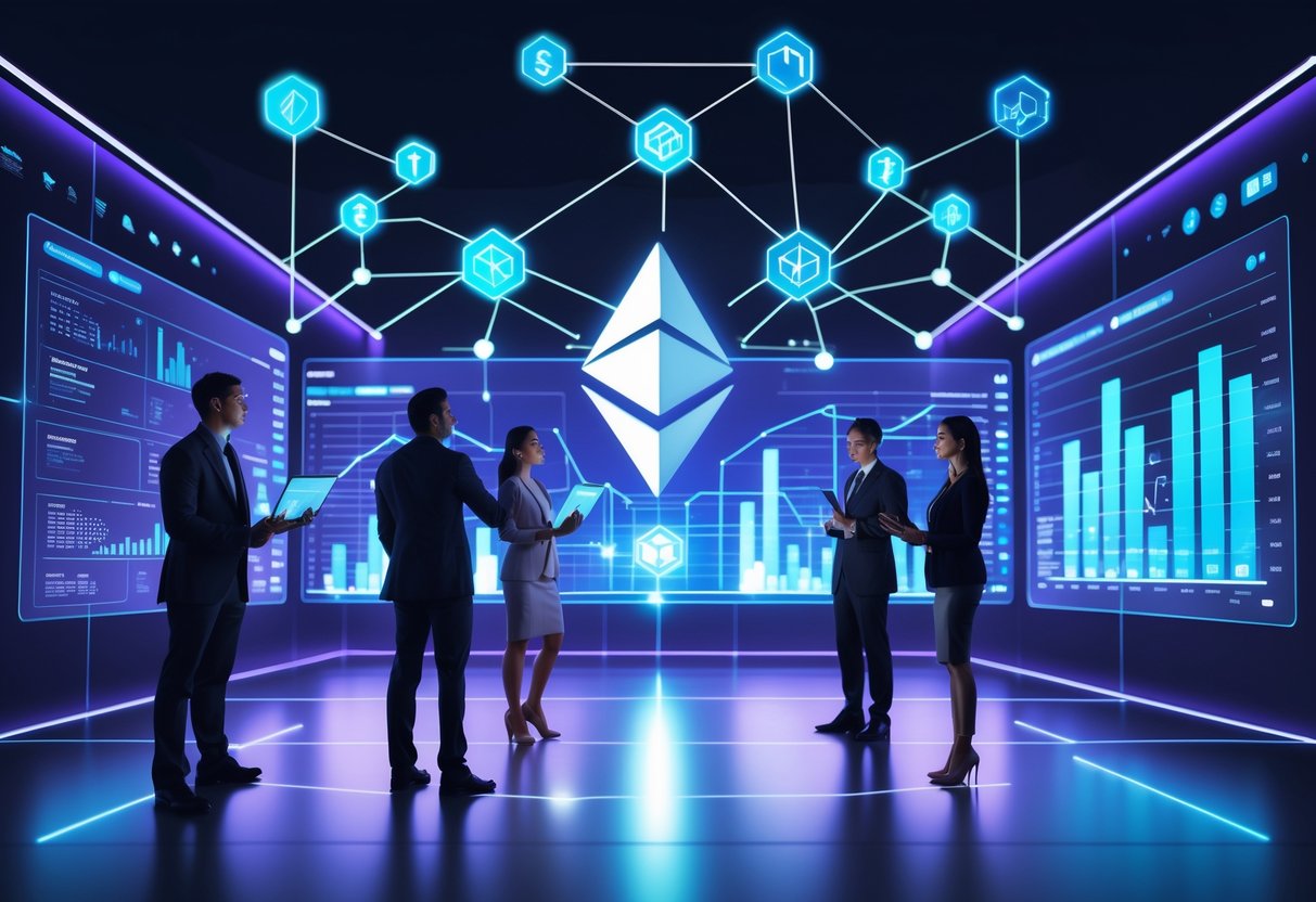 A group of professionals analyzing digital charts and Ethereum blockchain symbols in a modern office setting.
