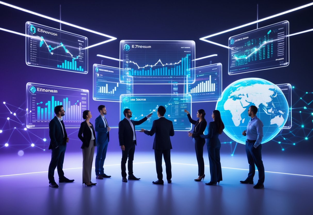 A group of professionals discussing financial data with floating digital screens showing Ethereum symbols and charts in a modern workspace.