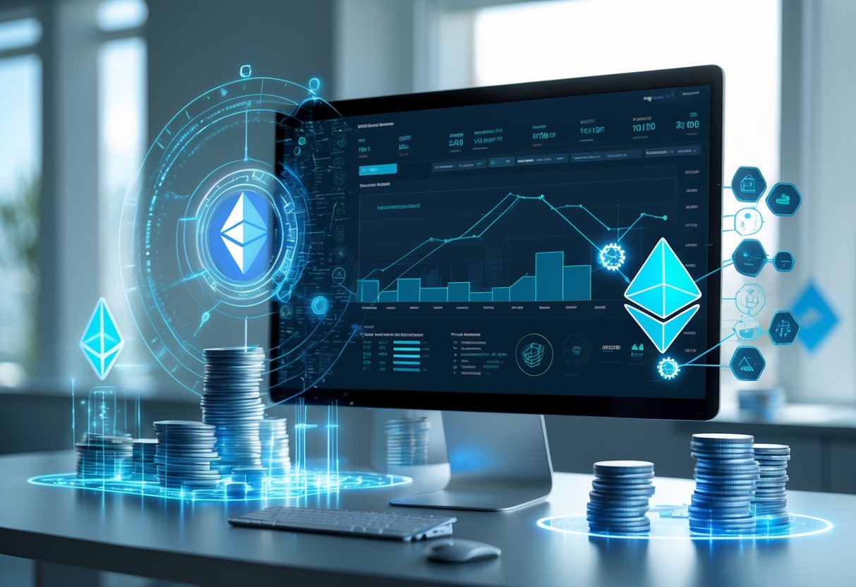 A computer screen showing blockchain data and charts with Ethereum symbols, surrounded by holographic graphs and digital coins in a modern workspace.