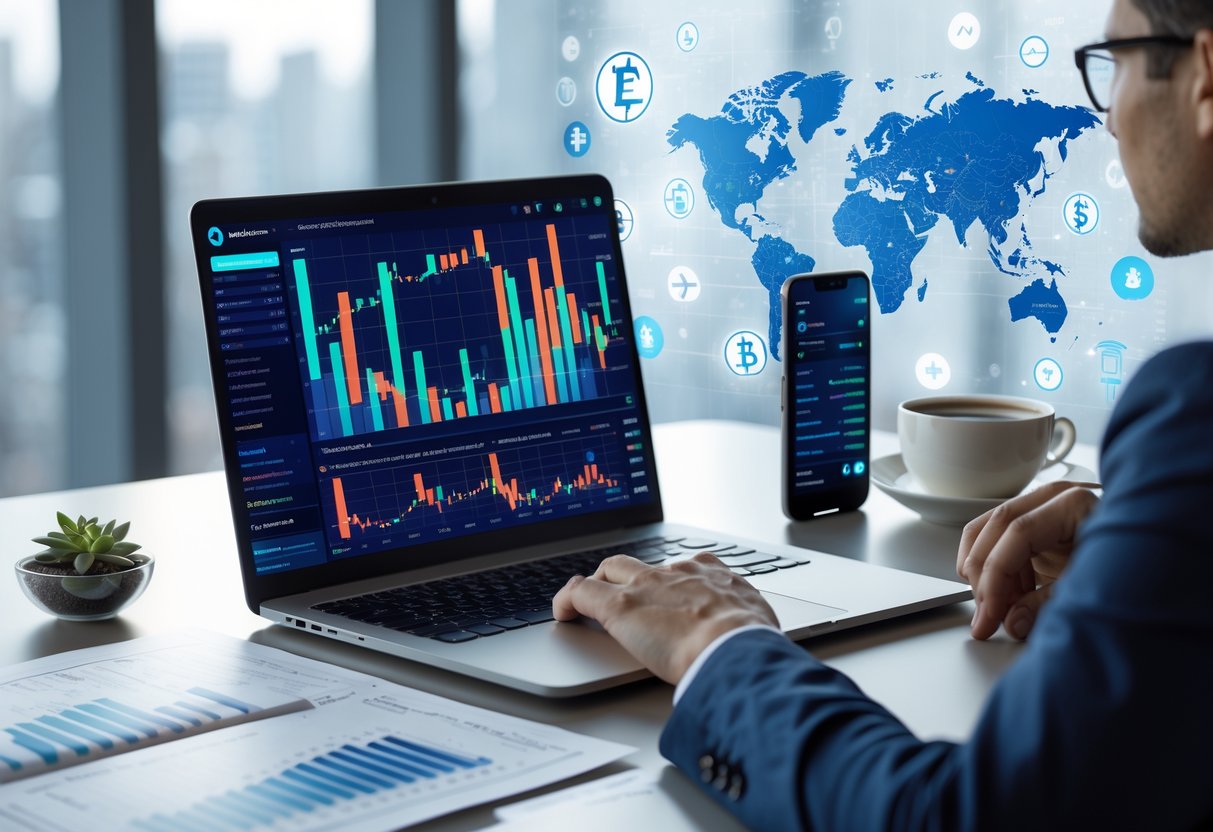 A workspace with a laptop showing cryptocurrency charts, a smartphone with a finance app, financial documents, and a cup of coffee.