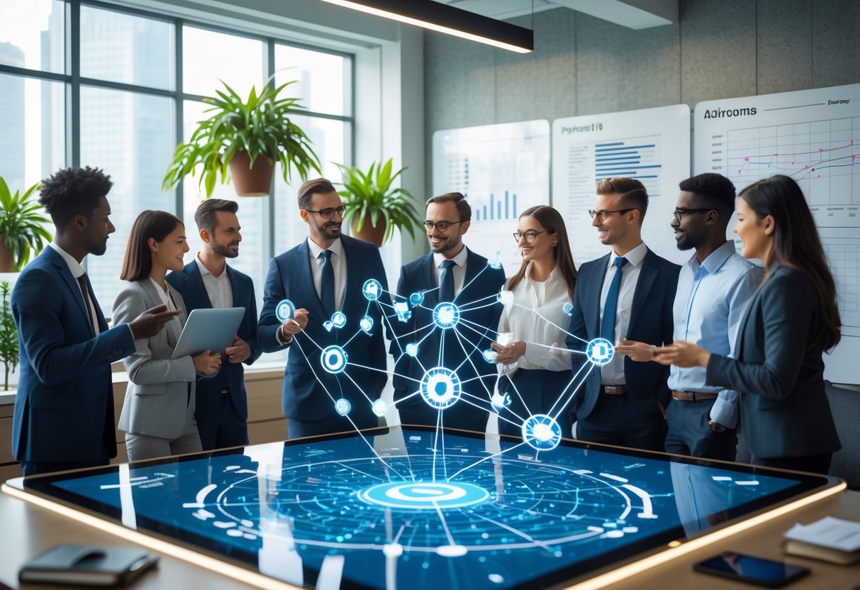 A group of professionals collaborating around a digital touchscreen table displaying interconnected data points in a modern office setting.