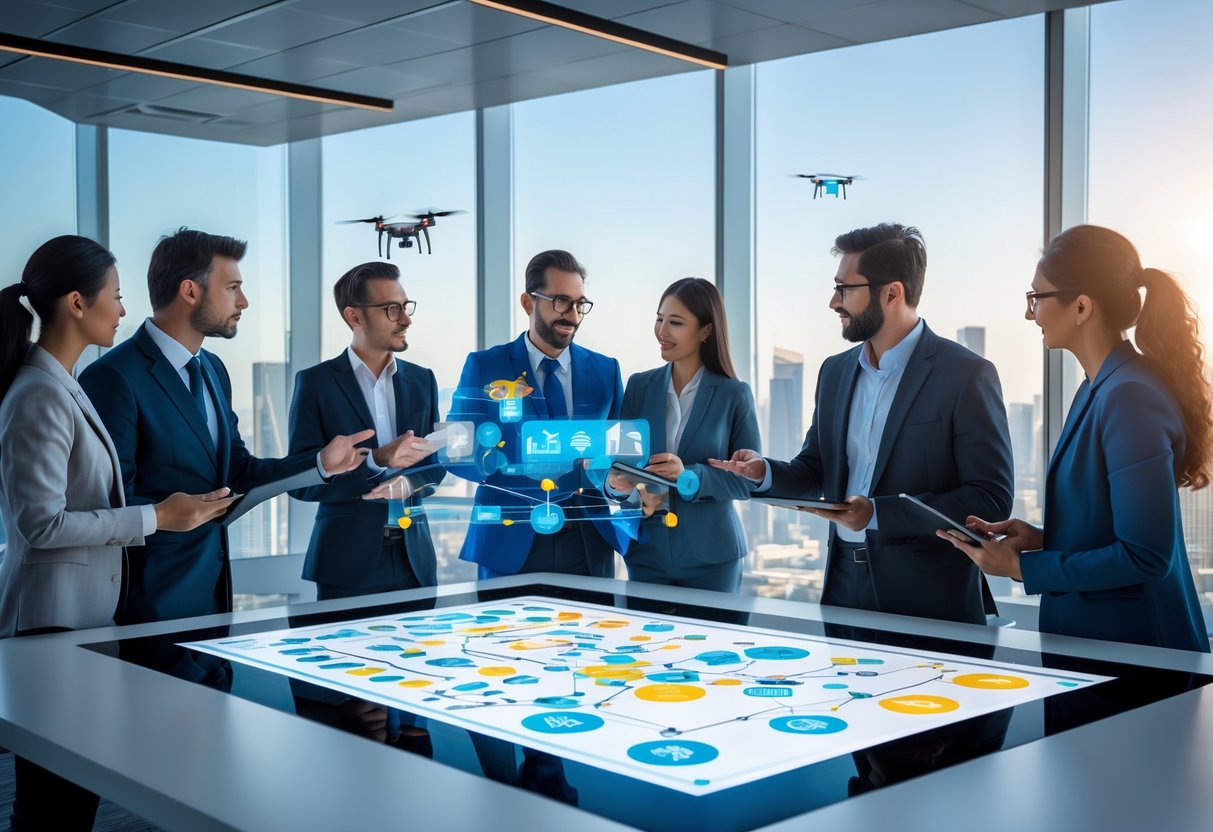 Business professionals gathered around a digital table discussing an airdrop logistics infographic in a modern office with a city skyline visible through large windows.