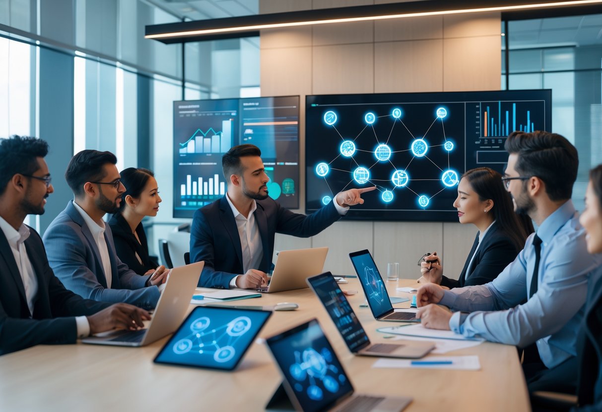 A group of professionals in a modern office collaborating around a table with digital charts and devices, discussing a strategy.
