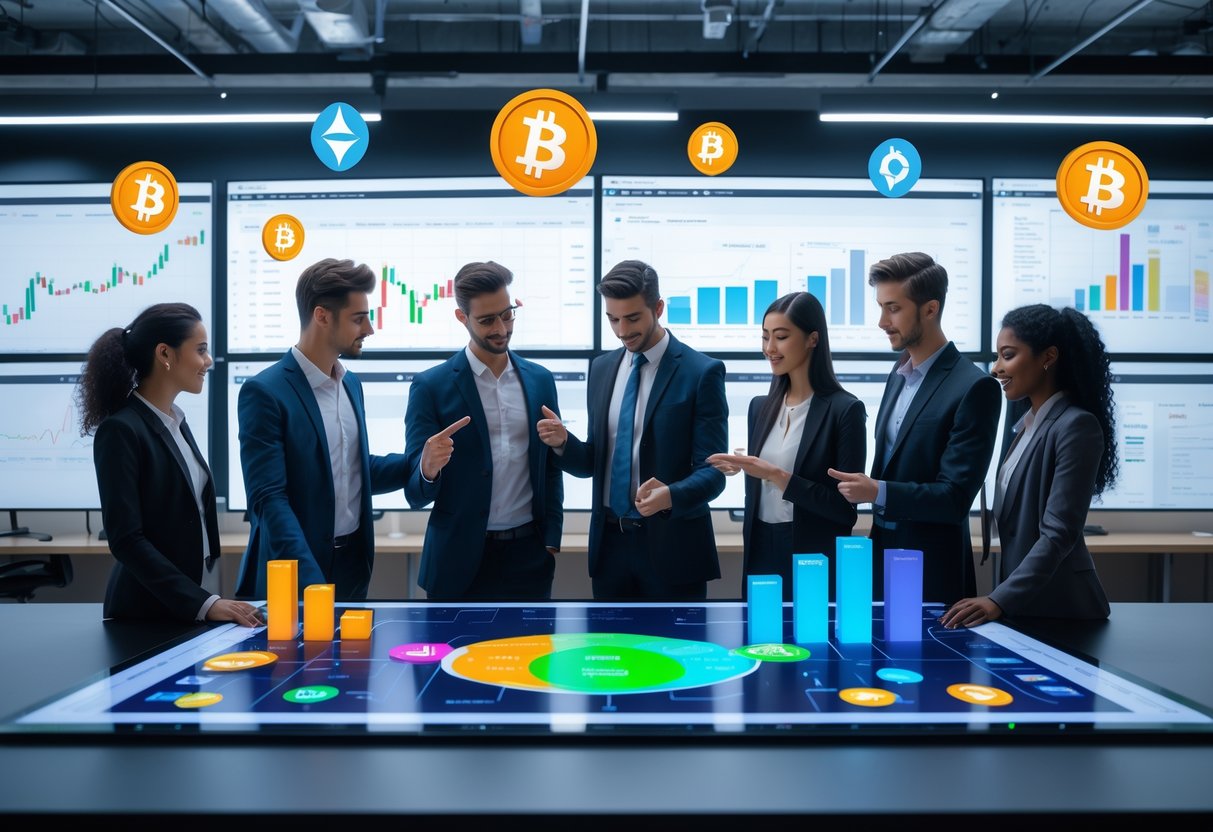 A group of professionals collaborating around a digital touchscreen table displaying cryptocurrency charts and icons, discussing strategy in a modern office.