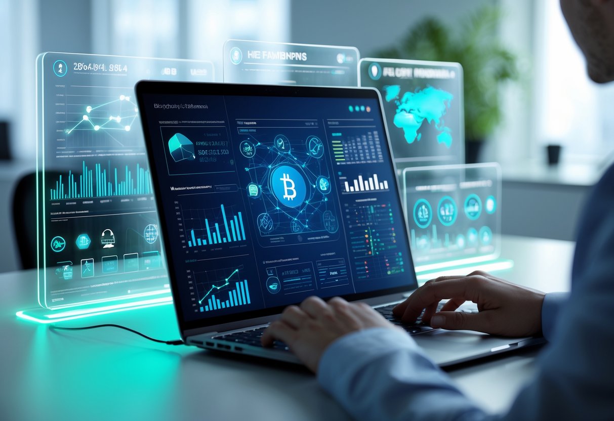 A person working on a laptop with digital blockchain diagrams and cryptocurrency icons displayed on holographic screens in a modern office.