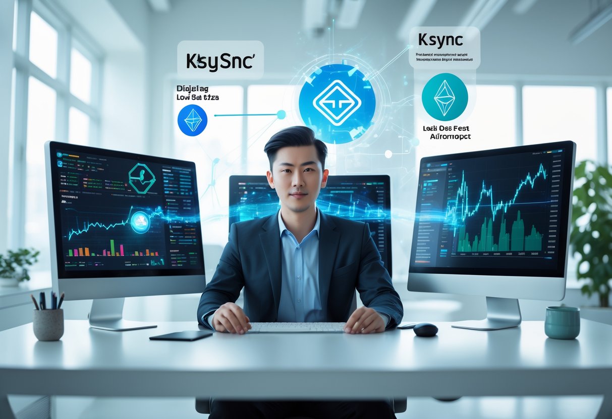 A young professional working at a desk with multiple monitors showing digital asset charts and blockchain data in a bright office.
