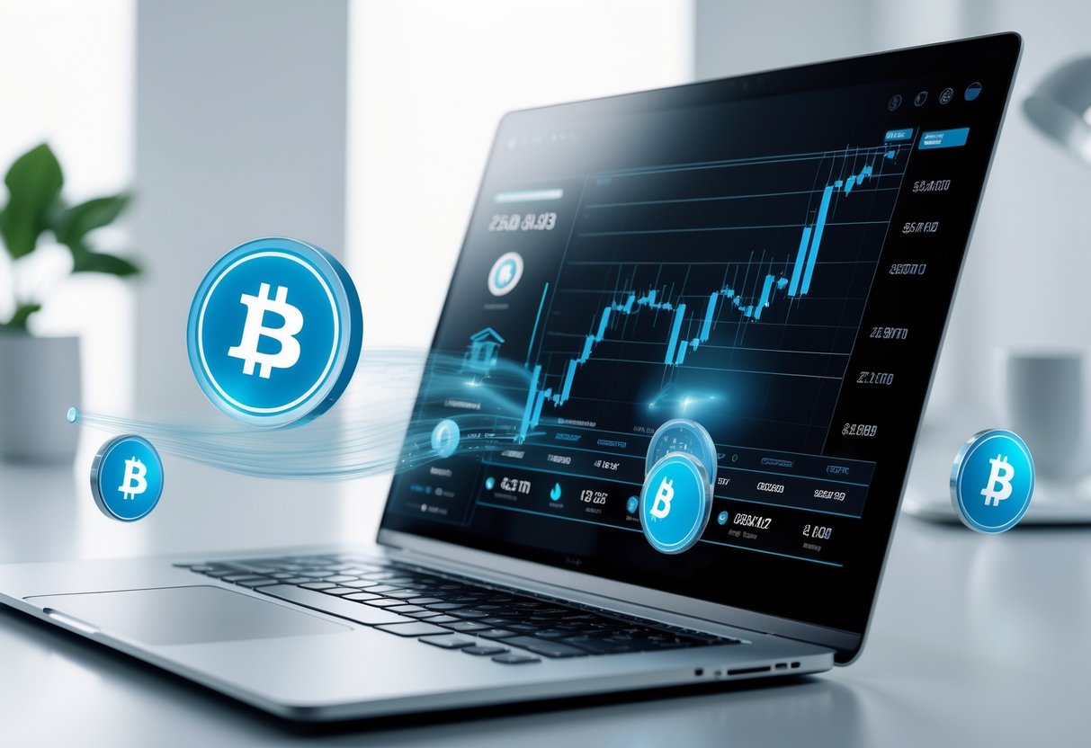 A laptop displaying cryptocurrency charts with digital coins around it on a clean desk in a bright workspace.