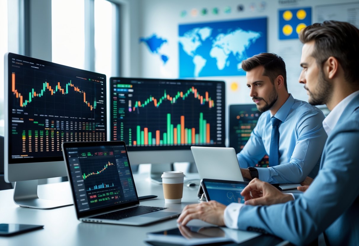 A person analyzing cryptocurrency charts on multiple computer screens in a bright office workspace.