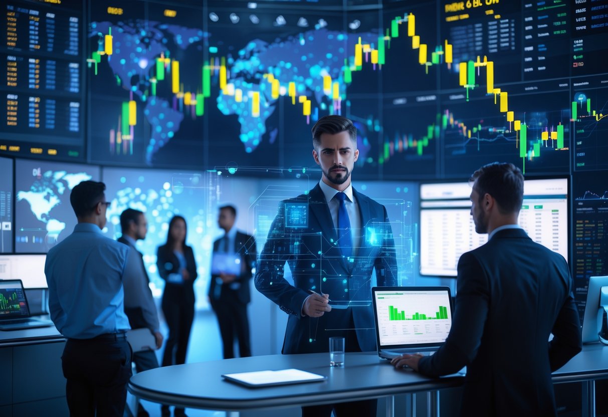 Business professionals analyzing cryptocurrency market data on digital screens in a modern trading office.
