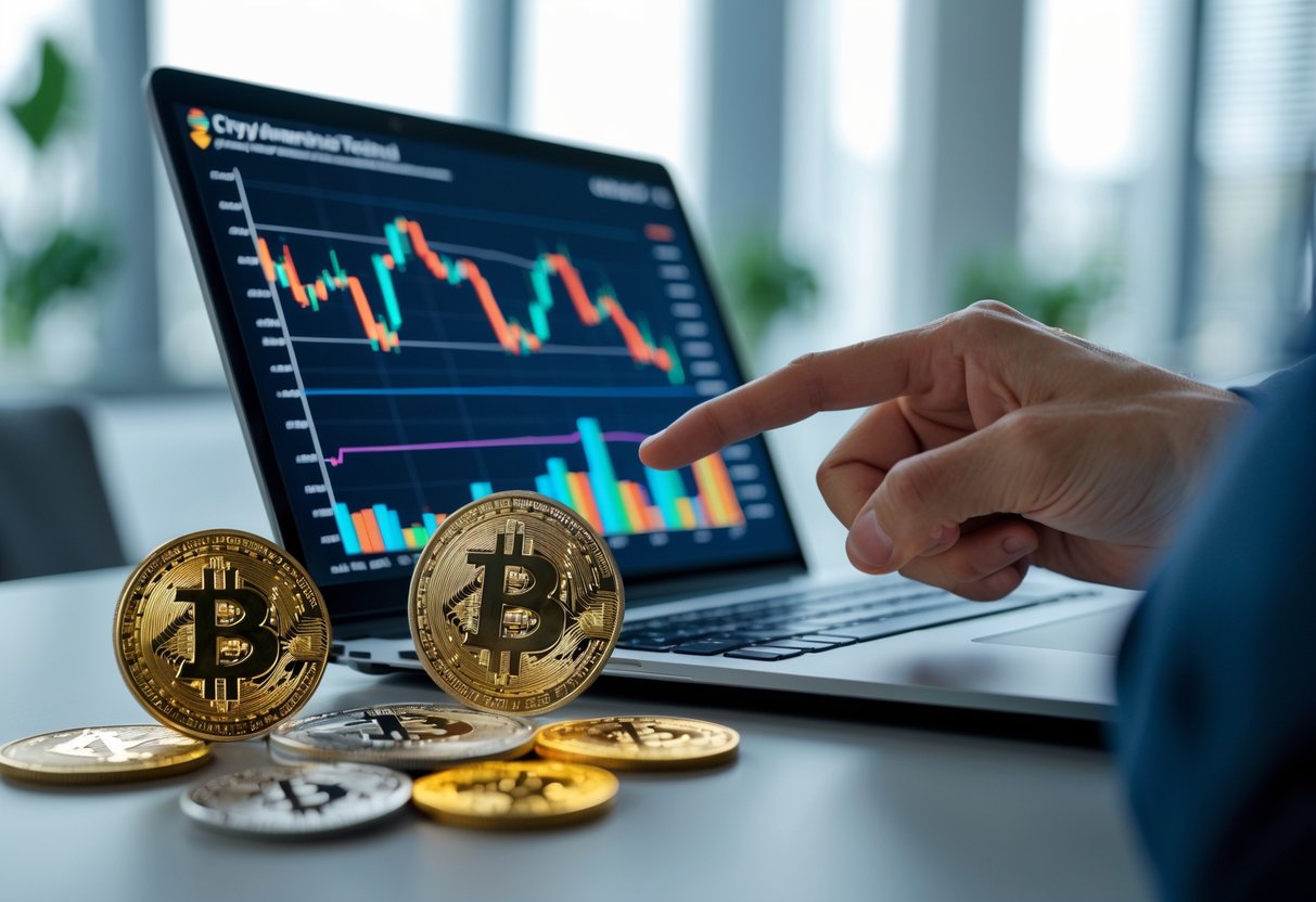A workspace with a laptop showing cryptocurrency charts and three different altcoin coins on a desk, with a hand pointing at the screen.