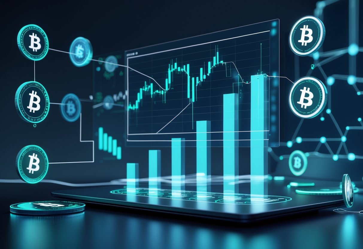 A digital workspace with floating cryptocurrency charts and glowing altcoin icons showing upward trends and growth potential.