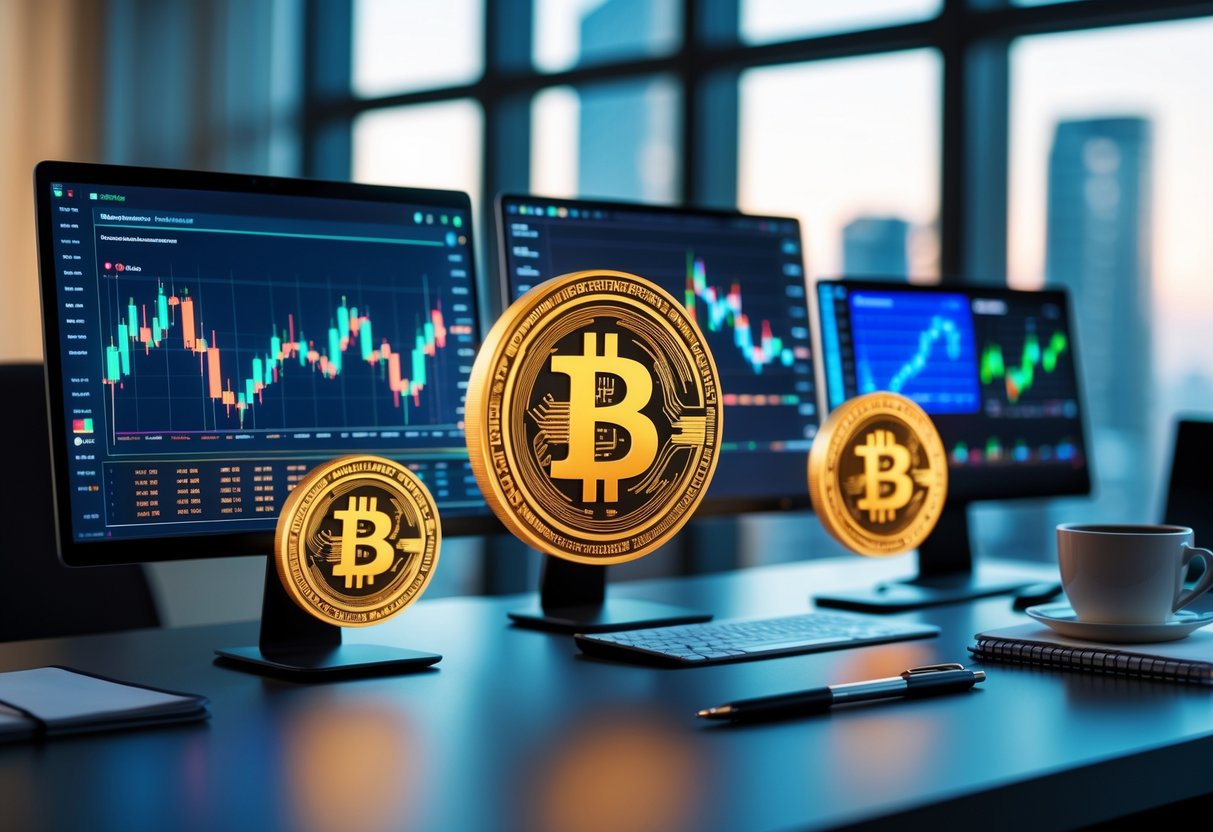 A modern workspace with digital devices showing colorful cryptocurrency charts and three glowing coin icons on a desk, with a city skyline visible through a window.