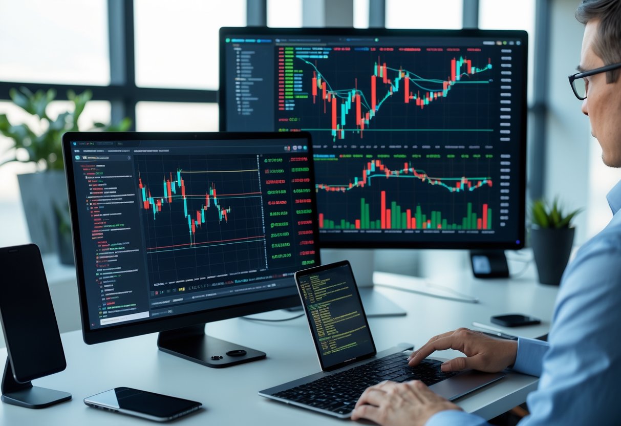 A workspace with multiple computer screens showing cryptocurrency charts and trading bot code, with a person interacting with the equipment.