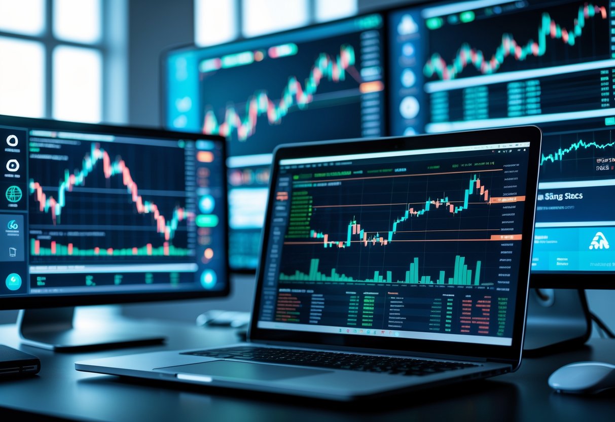 A modern workspace with multiple monitors showing cryptocurrency charts and trading software, featuring a laptop running automated crypto trading bot programs.