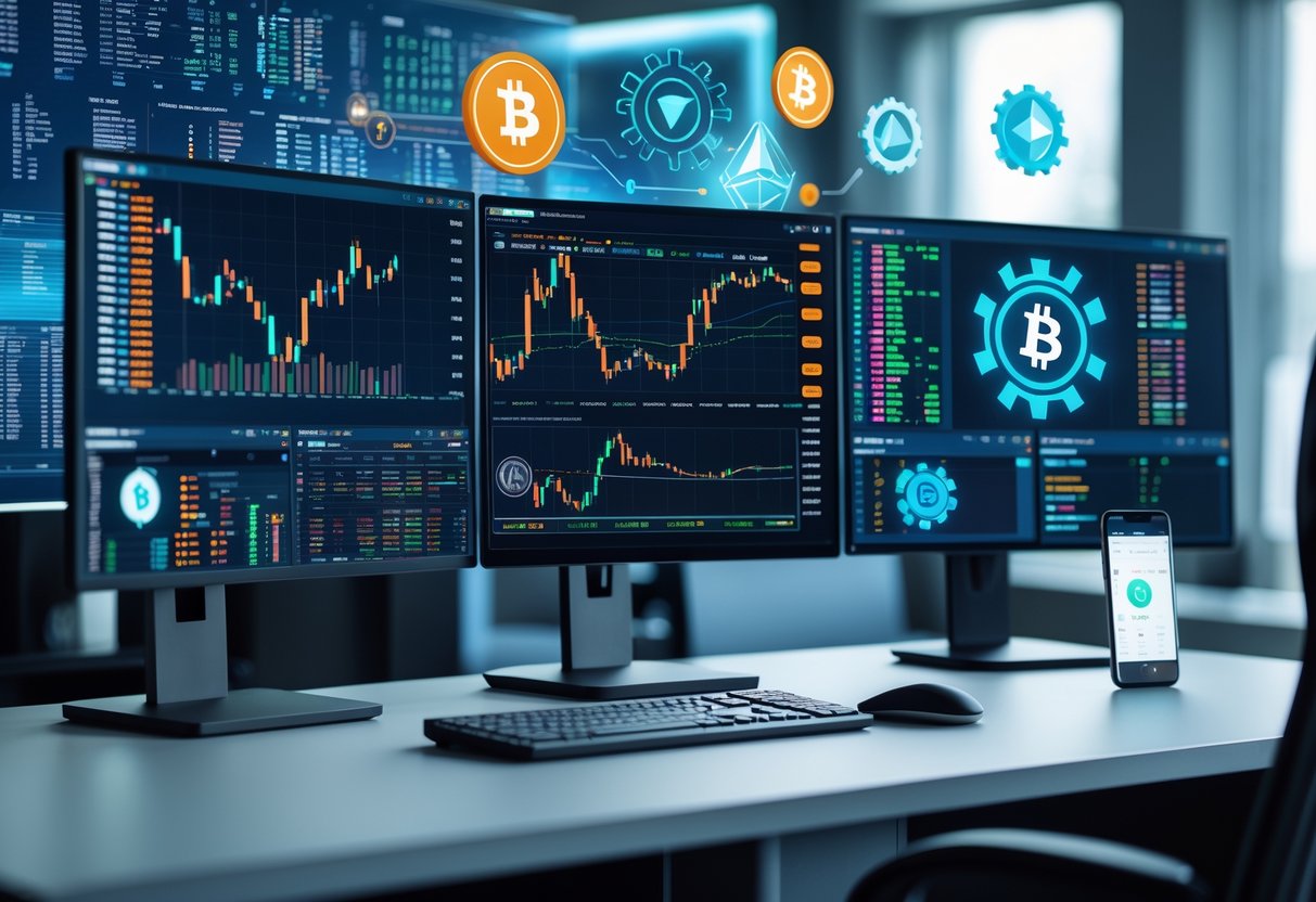 A workspace with multiple computer screens showing cryptocurrency charts and automated trading visuals, surrounded by digital icons representing crypto assets.