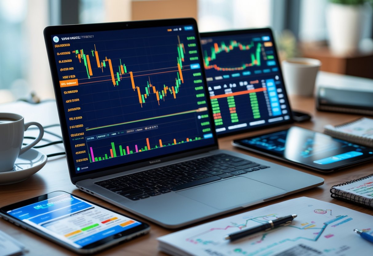 A workspace with a laptop, tablet, and smartphone displaying cryptocurrency trading charts and bot dashboards on their screens.