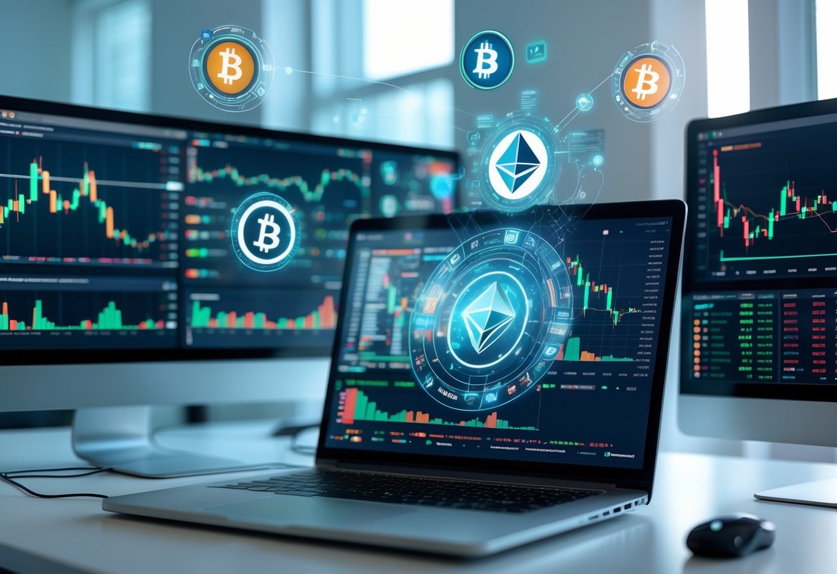 A modern workspace with computer screens showing cryptocurrency charts and an AI interface analyzing market data, with digital icons of popular cryptocurrencies floating in the background.